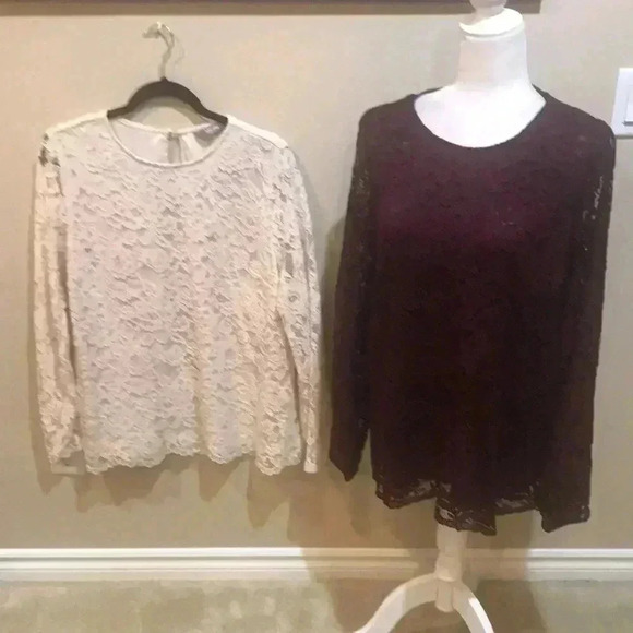 Martha Stewart Tops - Bundle of 2 Martha Stewart Cream & Burgundy Long Sleeve Rounded Neck Lace Tops-L
